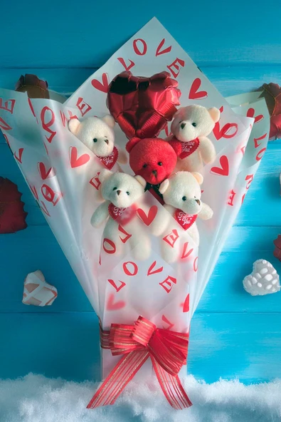 Premium Kalp Balonlu LOVE Temalı Kırmızı- Beyaz Peluş Ayıcık Buketi - 2