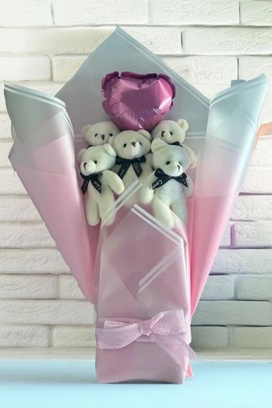 Yumoş Beyaz Ayıcıklı Pembe Peluş Ayıcık Buketi – Kalpli Balonlu Romantik Hediye - 5