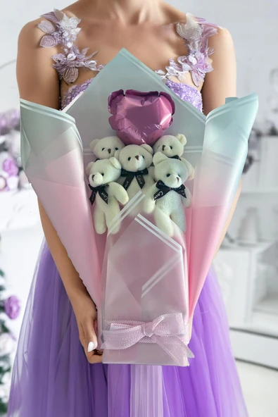 Yumoş Beyaz Ayıcıklı Pembe Peluş Ayıcık Buketi – Kalpli Balonlu Romantik Hediye - 4