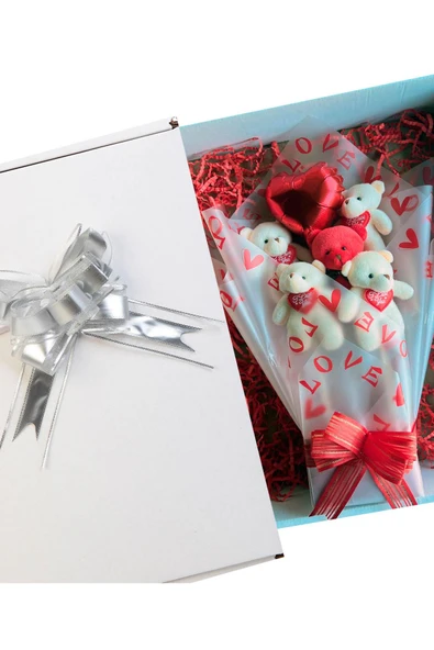 Premium Kalp Balonlu LOVE Temalı Kırmızı- Beyaz Peluş Ayıcık Buketi - 4