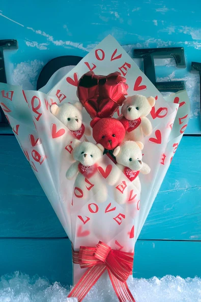 Premium Kalp Balonlu LOVE Temalı Kırmızı- Beyaz Peluş Ayıcık Buketi - 5