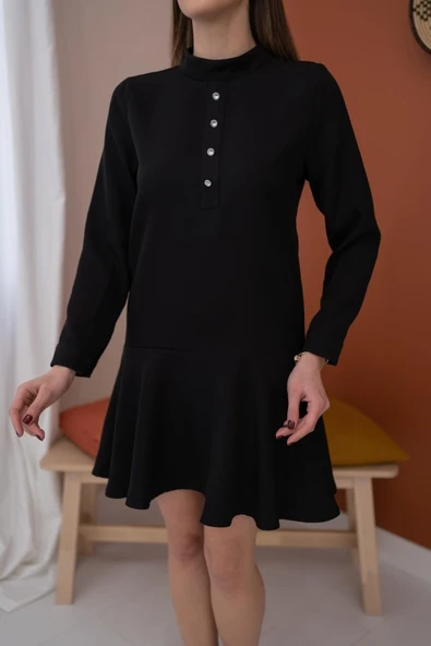 Siyah Klasik Düz Mini Elbise - 4