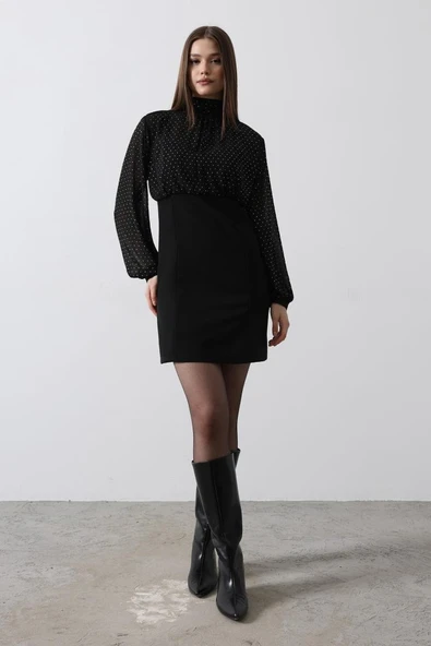 Taşlı Şifon Elbise - Siyah - 3