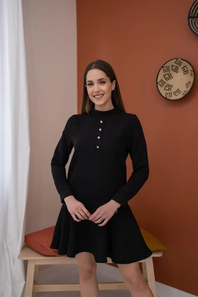 Siyah Klasik Düz Mini Elbise - 3