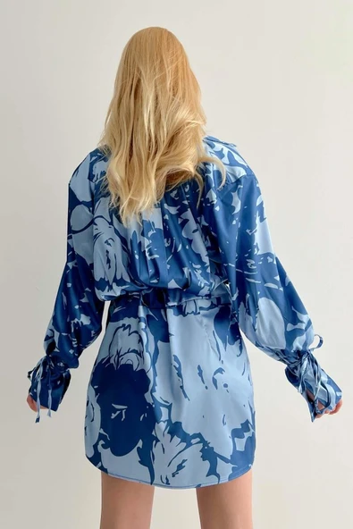 Vatkalı Manşet Detaylı Gömlek Elbise - Mavi - 4