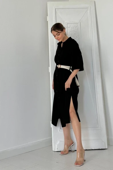 Siyah Kemerli Elbise - 4