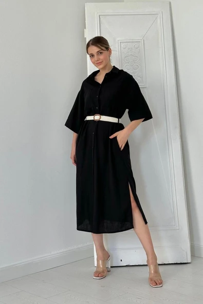 Siyah Kemerli Elbise - 2