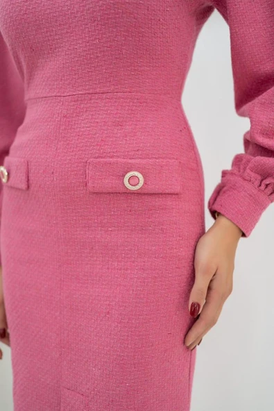 Fuşya Geniş Boğazlı Elbise - 4