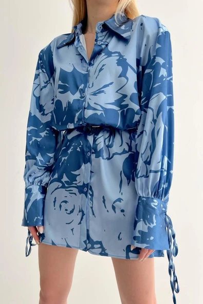 Vatkalı Manşet Detaylı Gömlek Elbise - Mavi - 2