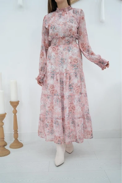 Pembe Şanzelize Çiçek Desenli Elbise - 3