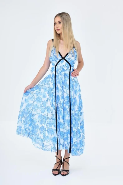 Biyeli Elbise - Mavi - 4