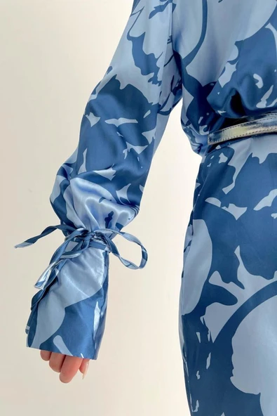 Vatkalı Manşet Detaylı Gömlek Elbise - Mavi - 3