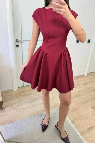 Sırt Dekolteli Çan Detaylı Mini Elbise - Bordo - 3