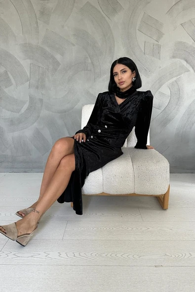 Siyah Taşlı Büzgülü Elbise - 3