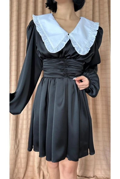 Siyah Bebe Yakalı Elbise - 4