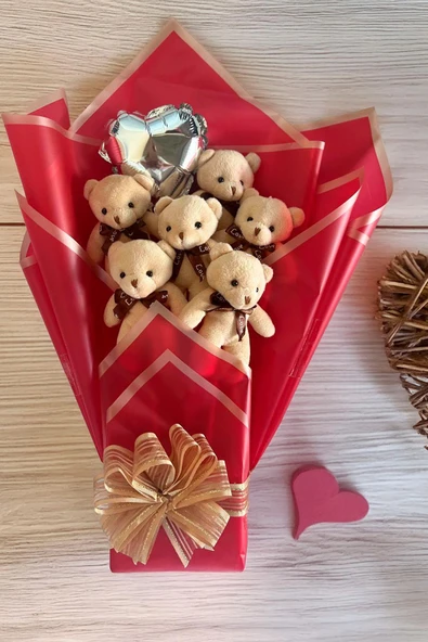 Premium 6’li Bej Peluş Ayıcık Buketi – Kalp Balonlu Arkadaşa, Eşe, Sevgiliye Hediye - 2