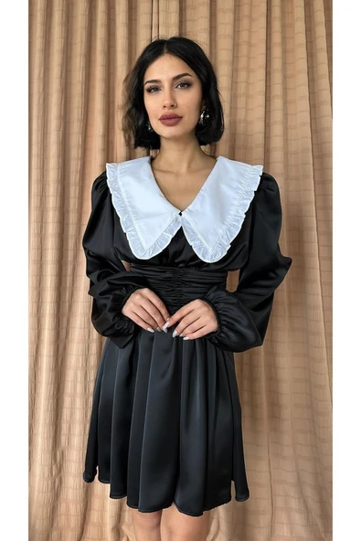 Siyah Bebe Yakalı Elbise - 3