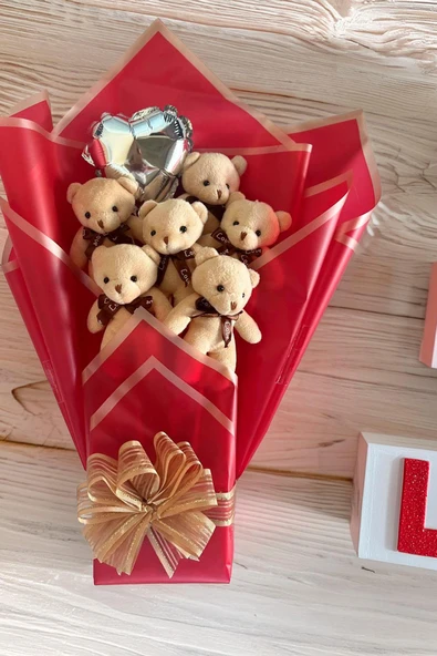 Premium 6’li Bej Peluş Ayıcık Buketi – Kalp Balonlu Arkadaşa, Eşe, Sevgiliye Hediye - 3