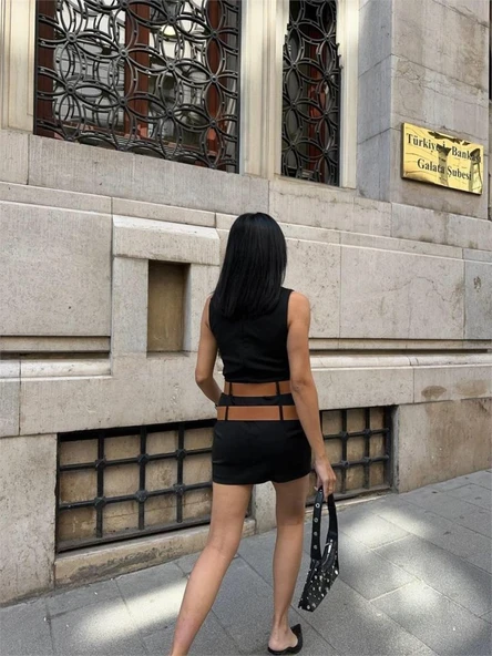 POLYVİSCON ÇİFT KEMER DETAYLI ELBİSE - Siyah