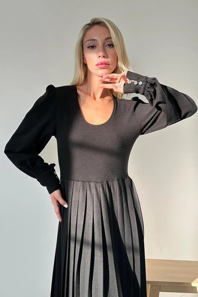 Siyah Bisiklet Yaka Elbise - 2