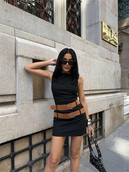 POLYVİSCON ÇİFT KEMER DETAYLI ELBİSE - Siyah - 2