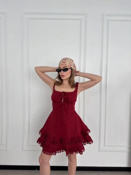 Fırfırlı Askılı Mini Elbise - Bordo - 3