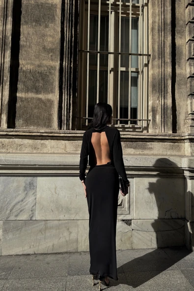 DEGAJE YAKA UZUN ELBİSE - Siyah - 3