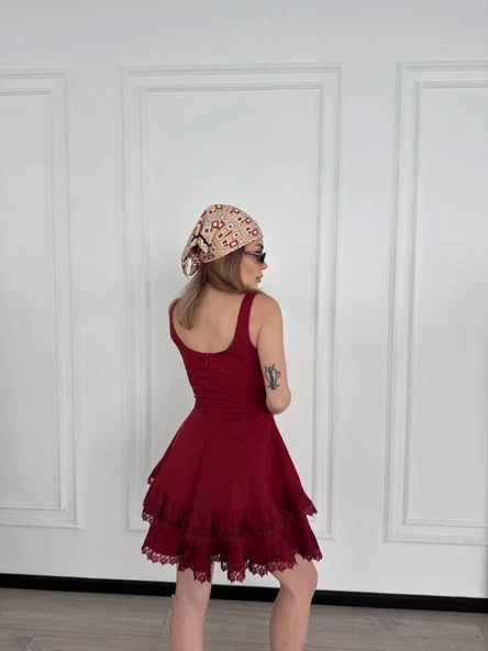 Fırfırlı Askılı Mini Elbise - Bordo - 2