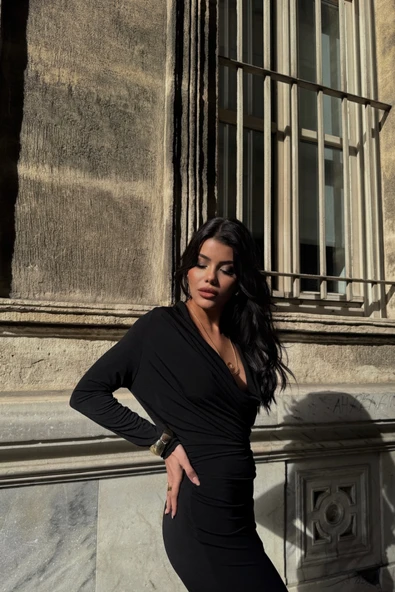 DEGAJE YAKA UZUN ELBİSE - Siyah - 4