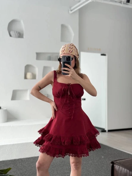 Fırfırlı Askılı Mini Elbise - Bordo - 1