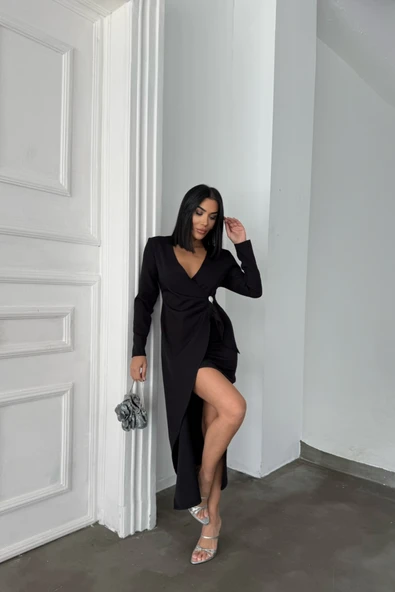 KRUVAZE BROŞ DETAYLI ELBİSE - Siyah