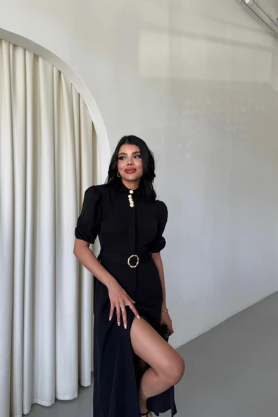 YAKA DÜĞME DETAYLI ELBİSE - Siyah - 2