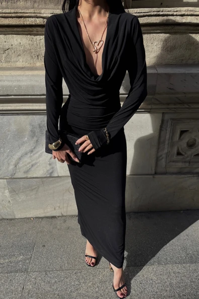 DEGAJE YAKA UZUN ELBİSE - Siyah - 2