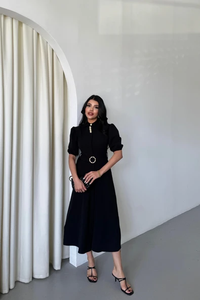 YAKA DÜĞME DETAYLI ELBİSE - Siyah - 4