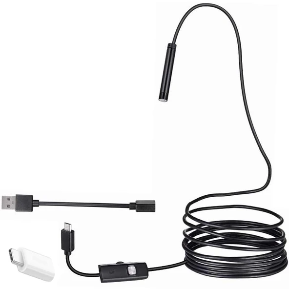 Ayt Powermaster 3in1 Micro Usb Type C Pc 8 Mm Işıklı 5 Metre Endeskop Yılan Kamera