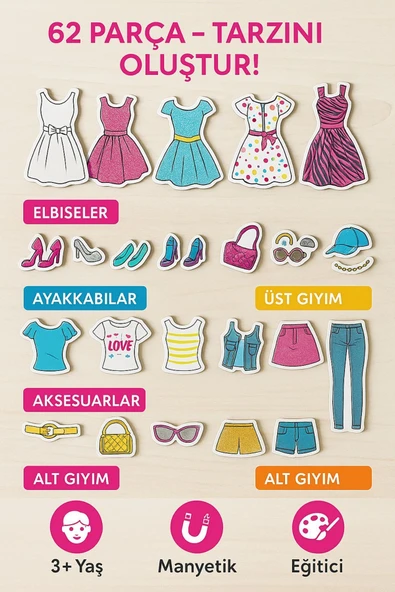 Manyetik Moda Kutusu Kıyafet Giydirme Magnet Kostümler, Eğitici Puzzle - 6
