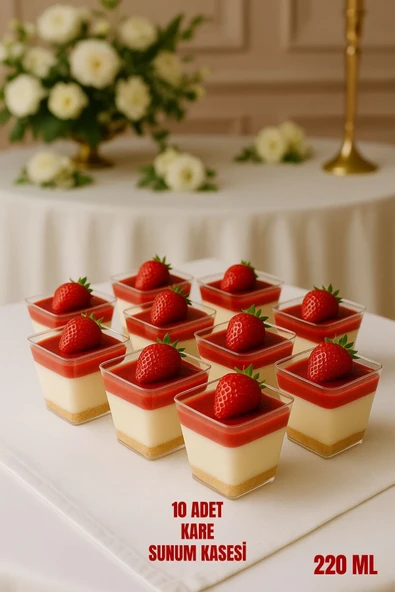 10’lu Kare Plastik Tatlı Sunum Bardakları – Şık ve Hazır İkramlık Set – 220 ML