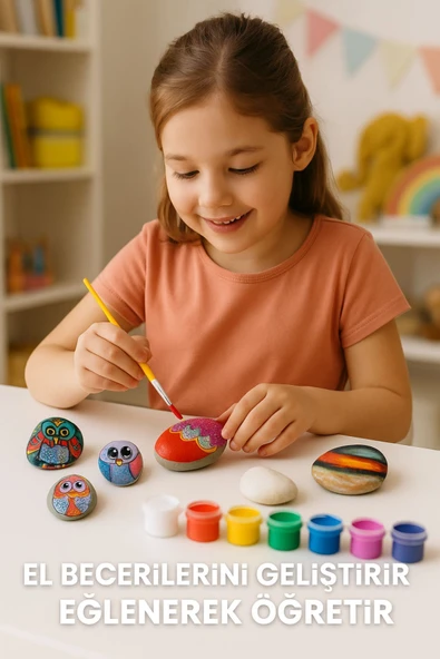 Taş Boyama Seti- Doğal Taşlar-Akrilik Boya-Fırça-Ahşap Hepsi Bir Arada Muhteşem Set - 3