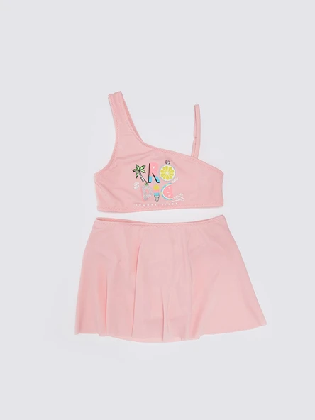 Baskılı Kız Çocuk Etekli Bikini Takım