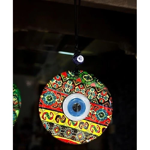 Etnik Desen Nazar Boncuklu Altın Rengi Füzyon Cam Duvar Süsü - 2