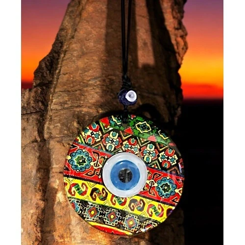 Etnik Desen Nazar Boncuklu Altın Rengi Füzyon Cam Duvar Süsü - 3
