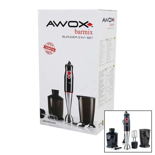 AWOX BARMİX  3İN1  BLENDER SETİ  ÇELİK 2Lİ MİKSER   ÇELİK RONDO BIÇAK   ÇELİK 4 KANATLI BIÇAK   1000W (4401)