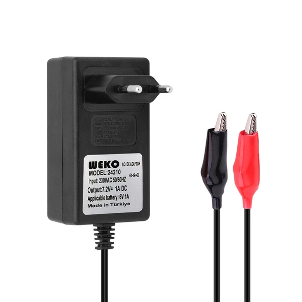 7.2 VOLT - 1 AMPER KROKODİL UÇLU PRİZ TİP KIRMIZI YEŞİL LEDLİ YERLİ ÜRETİM AKÜ ŞARJ ADAPTÖRÜ (OUT:6V1A) (4401)