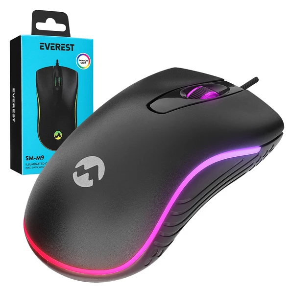 EVEREST SM-M9 1000 DPI USB RGB RAİNBOW LEDLİ SİYAH 3D OPTİK LED MOUSE (4401)