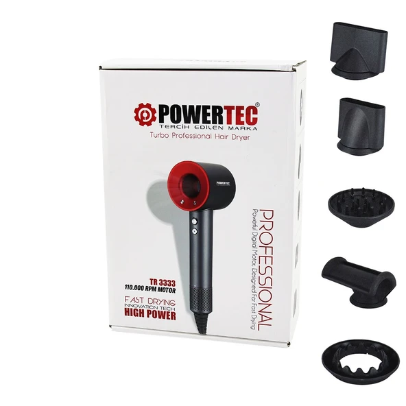 PLAZMA SAÇ KURUTMA - FÖN MAKİNESİ TURBO PROF 5 PCS UÇ - 3 KADEME SICAKLIK - HASSASİYET HIZLI KURUTMA  TR-3333 (4401) - 1