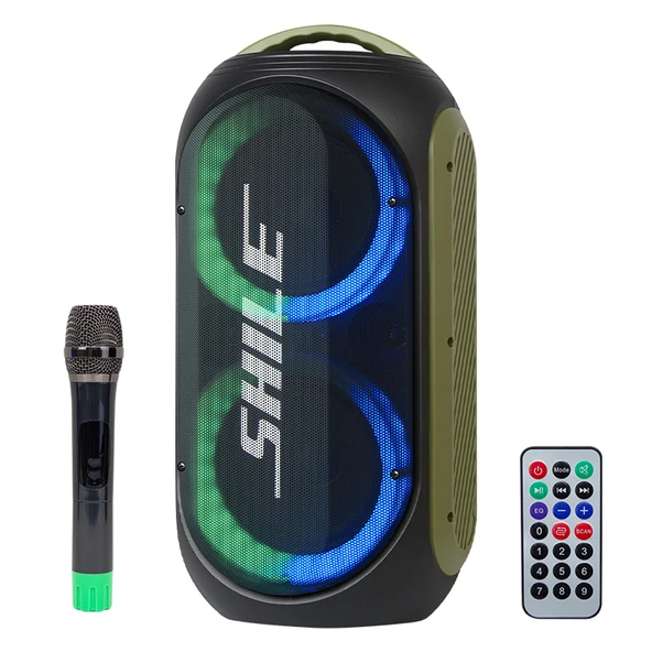 SHİLE SL-2019A EL MİKROFONLU-2 MİK GİRİŞ -2 GİTAR GİRİŞLİ KUMANDALI USB/SD/BT/FM IŞIKLI TAŞINABİLİR ŞARJLI SEYYAR ANFİ (4401)