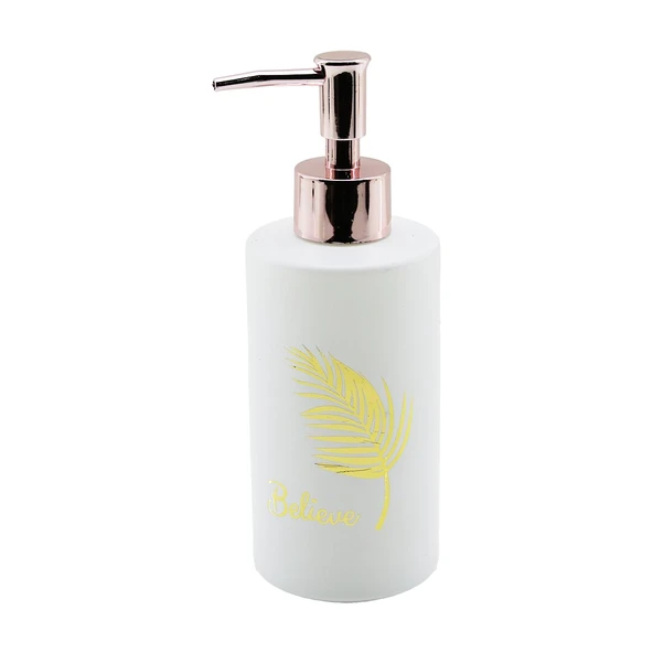 CAM  YUVARLAK - BEYAZ ŞİŞE--GOLD YAPRAK DESEN SIVI SABUNLUK 350ML BRONZ PLASTİK POMPA (4401)