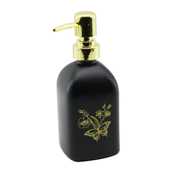 CAM KARE - SİYAH ŞİŞE--SARI KELEBEK-ÇiÇEK DESEN SIVI SABUNLUK 400ML GOLD PLASTİK POMPA (4401)