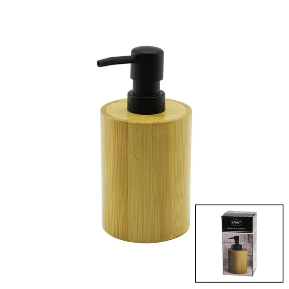 YUVARLAK  AHŞAP BAMBU SIVI SABUNLUK  SİYAH PLASTİK POMPA   ÇAP: 8CM - Y: 11CM (4401)