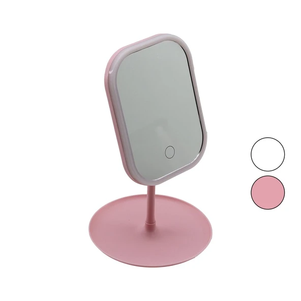 DİKDÖRTGEN LEDLİ - USB ŞARJLI MAKYAJ AYNASI 90° TAKILIK SEPETLİ AYAK RENKLİ PLS 13.5X18.5CM (4401)